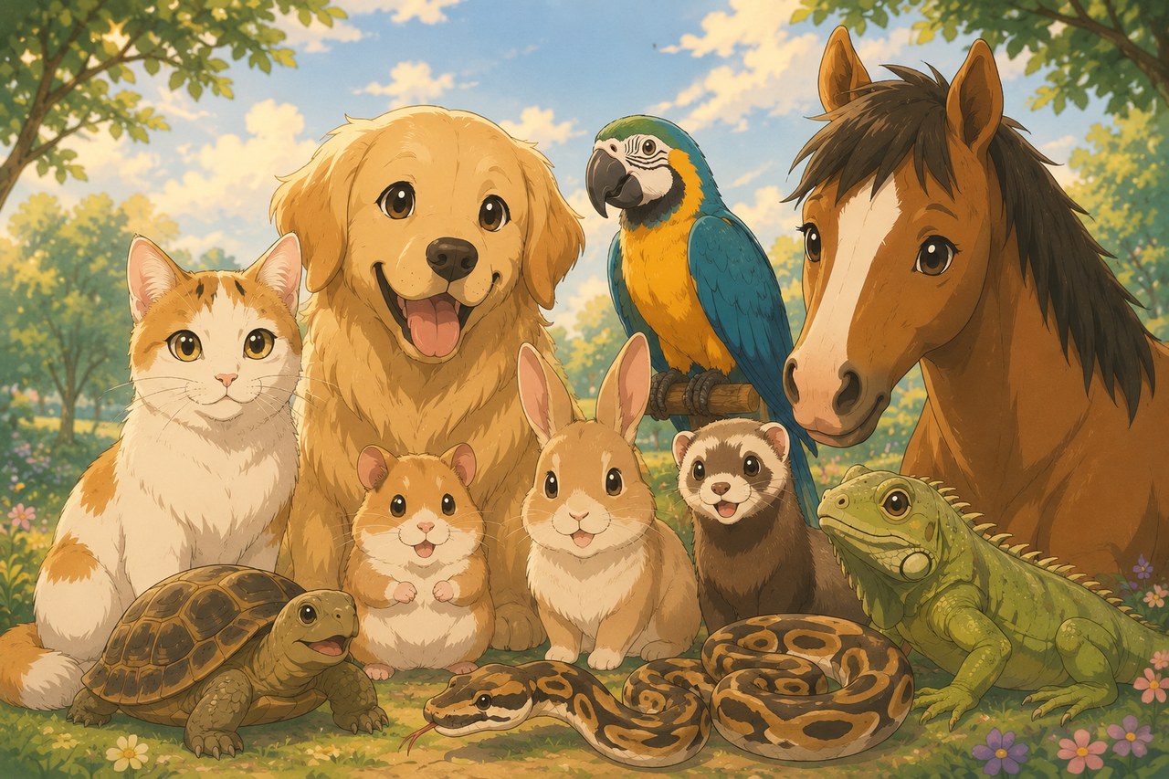 Tanti animali domestici insieme: cane, gatto, cavallo, pappagallo, coniglio e altri